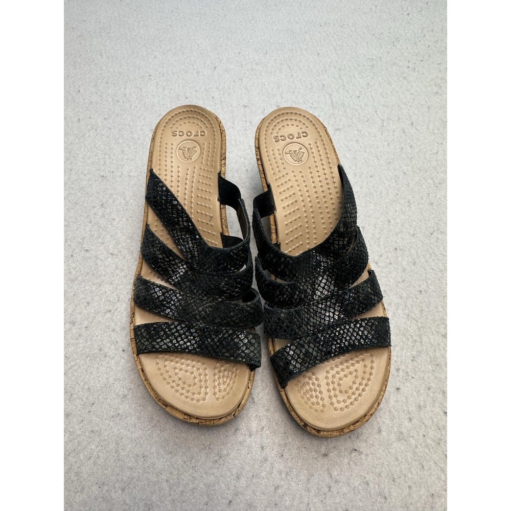 Crocs A Leigh Strappy Cork Wedge Sandals Women's Size 9 Black Snake Print Slide